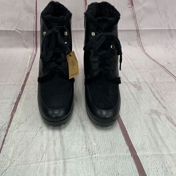 Cole Haan Waterproof Henson Wedge Black Leather Shearling Genuine Sheep 9.5 NWT - Picture 1 of 13